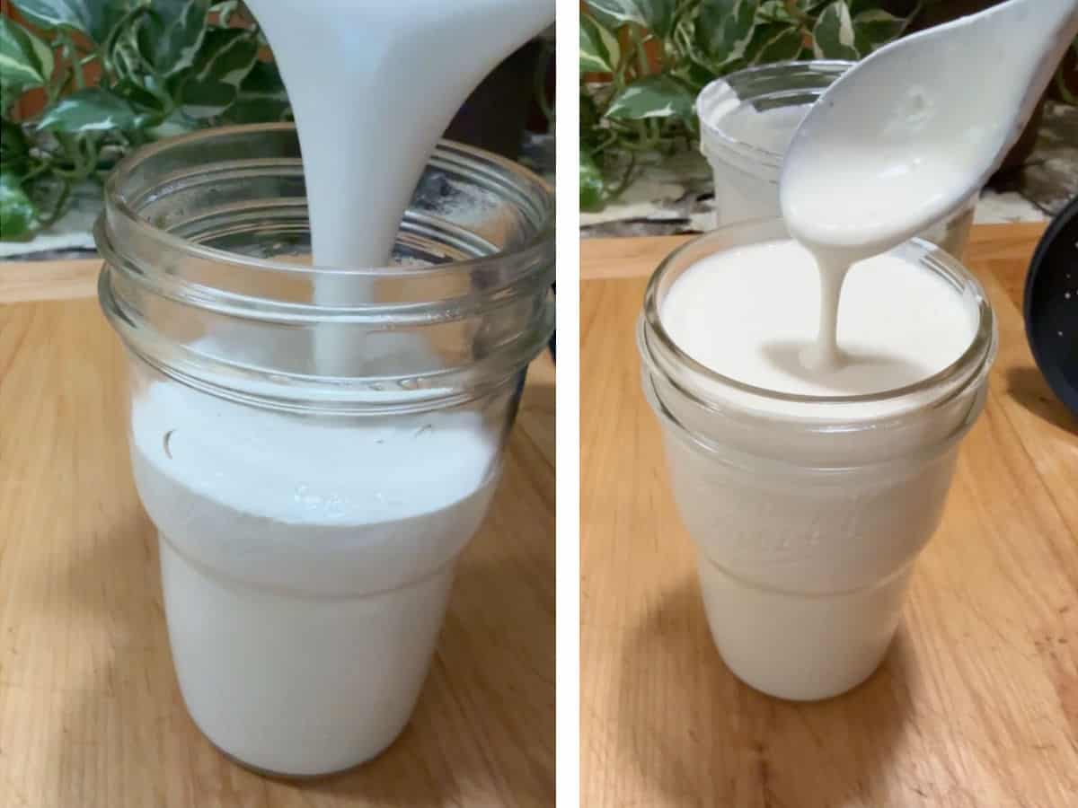 pouring the dressing into a jar for storage.