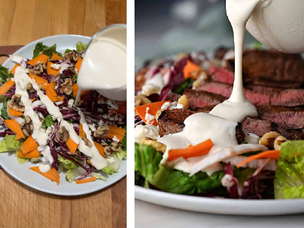 drizzling the dressing on a green salad and also on a steak salad.