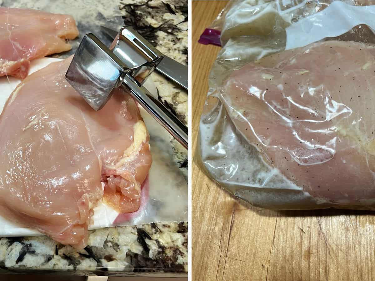 preparing the chicken by flattening and placing in marinade.