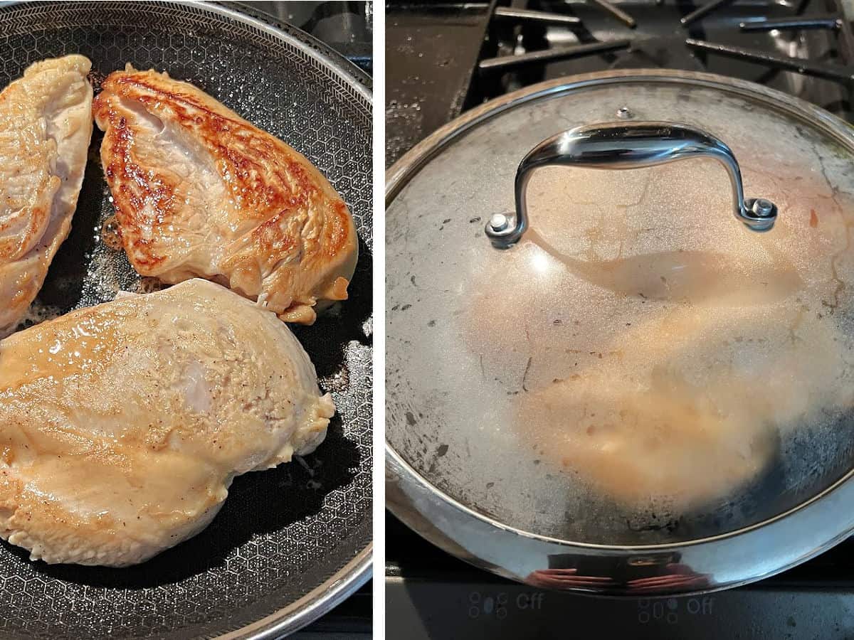 cooking the chicken breasts in a skillet and covering once done to rest the meat.