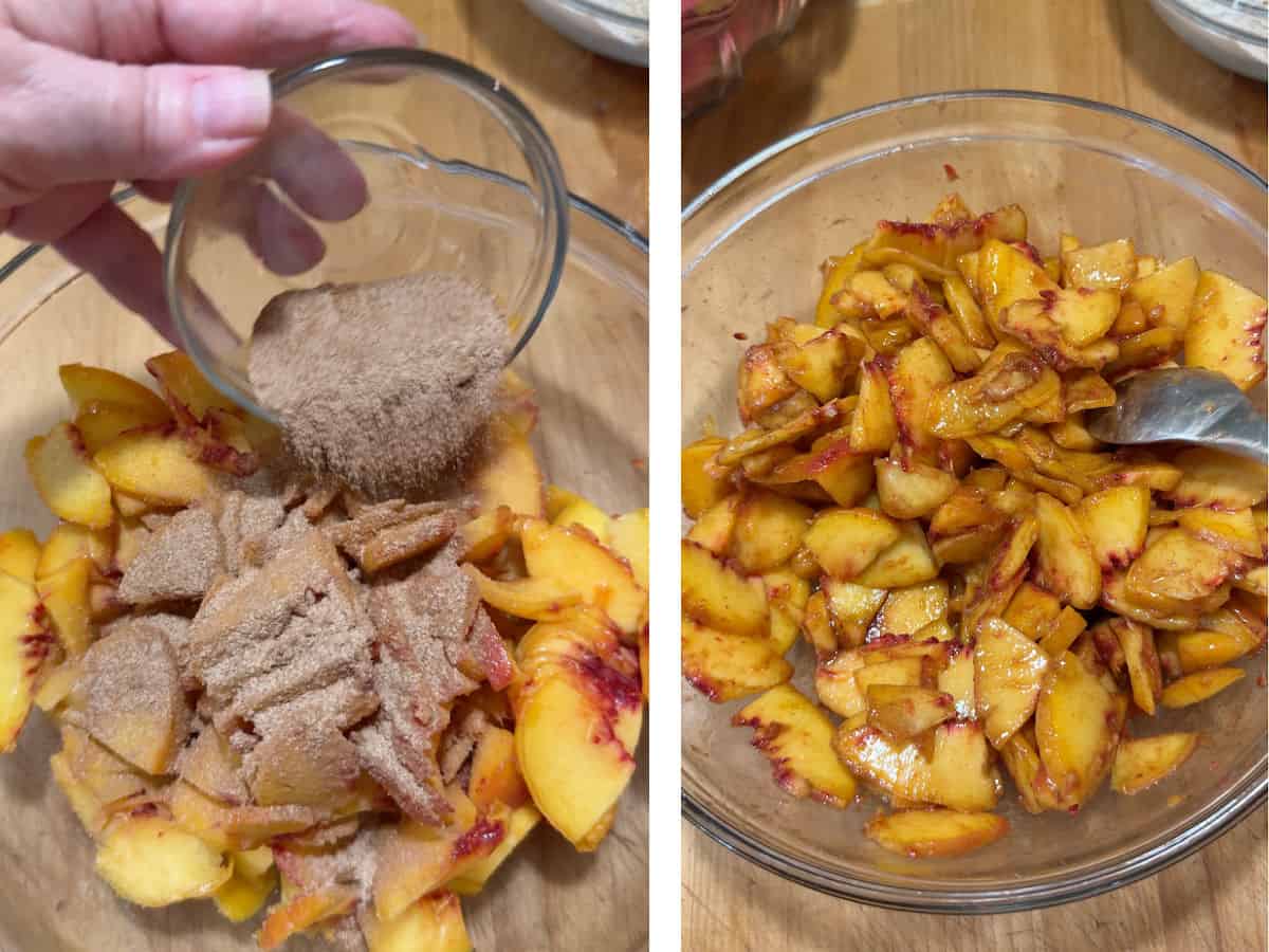 mixing the sliced peaches with the cinamon sugar.