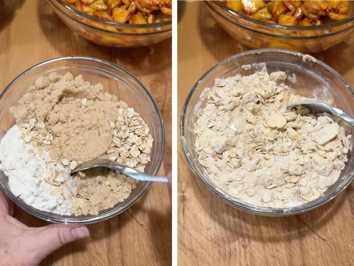 combining the topping ingredients.