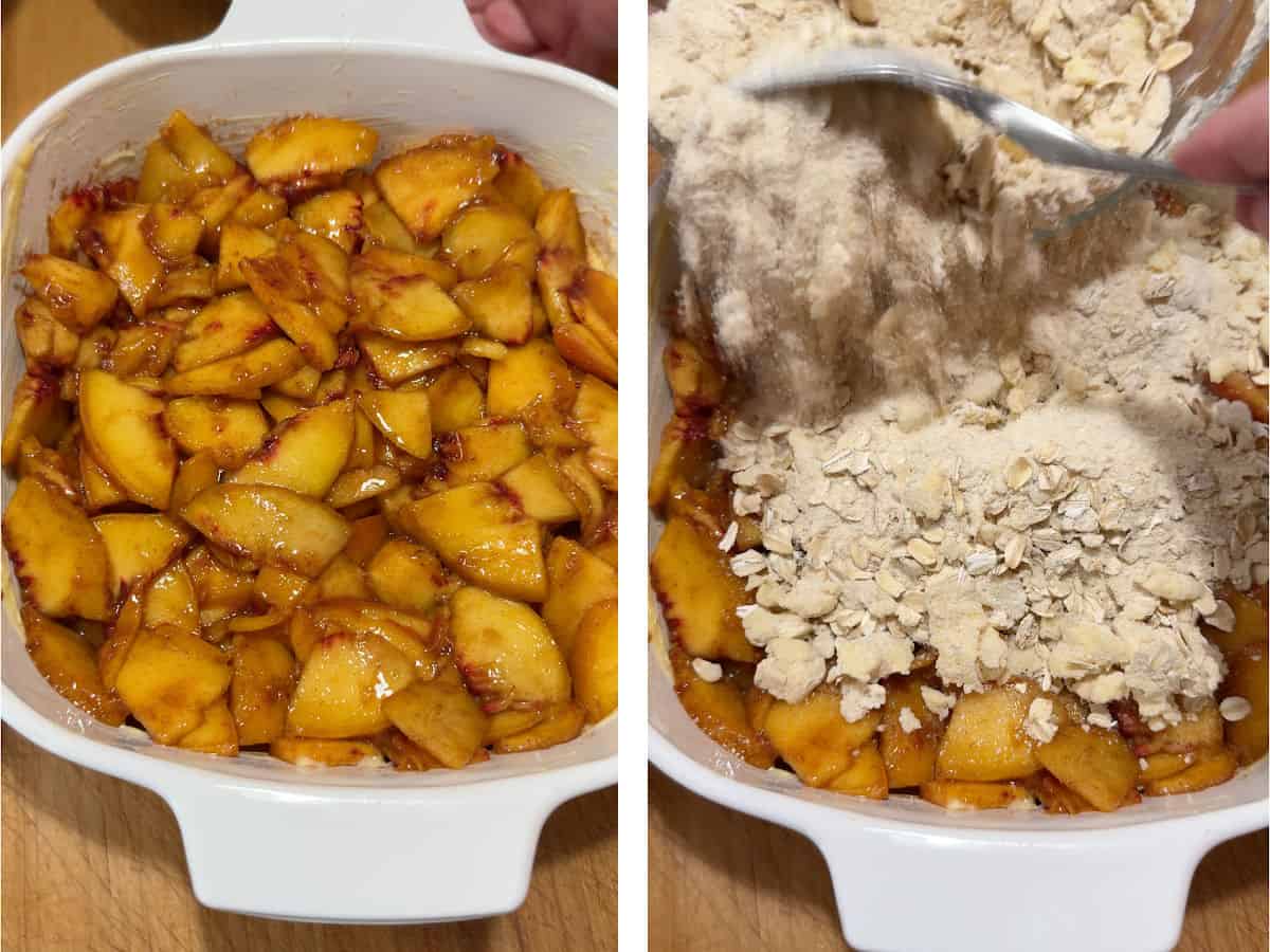 layering the peaches and topping in a pan for baking.