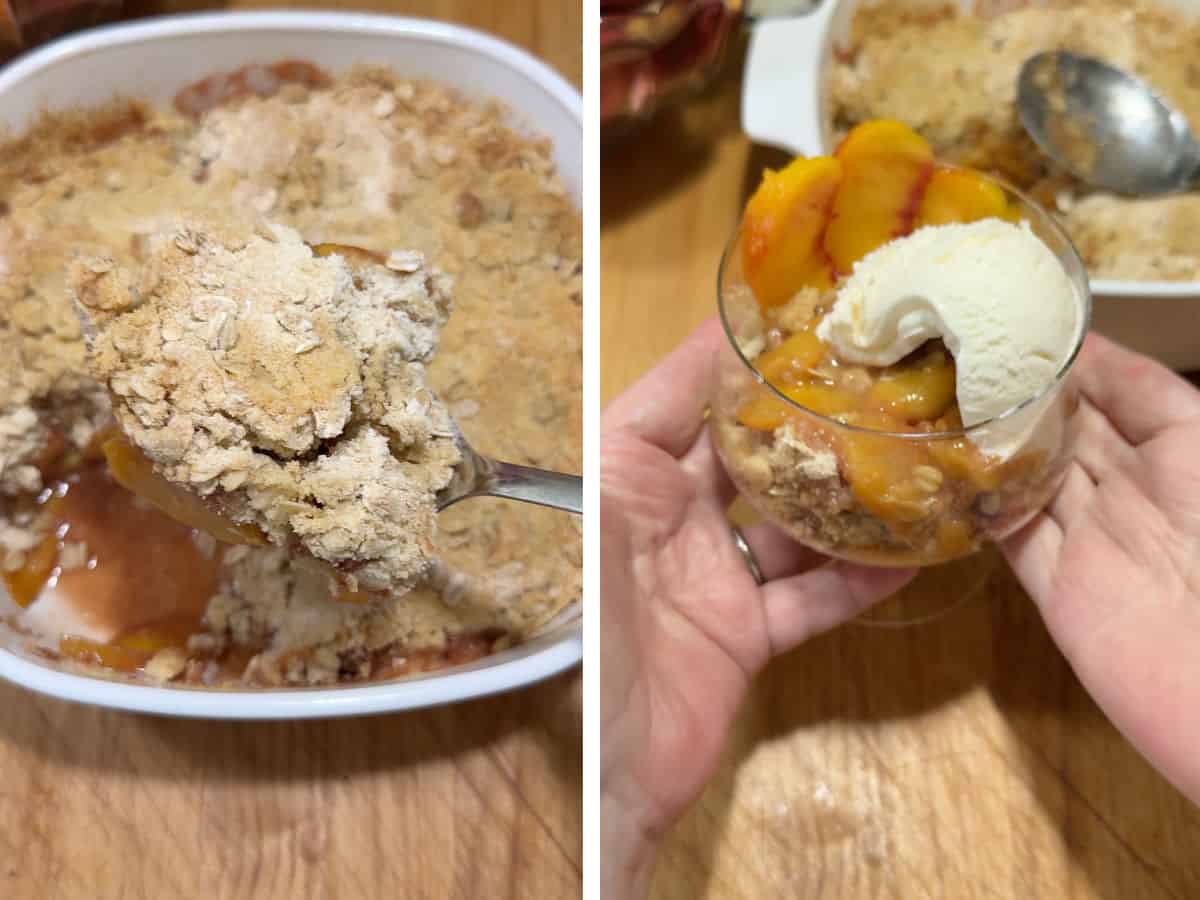 spooning the baked dessert into a glass with a scoop of ice cream.