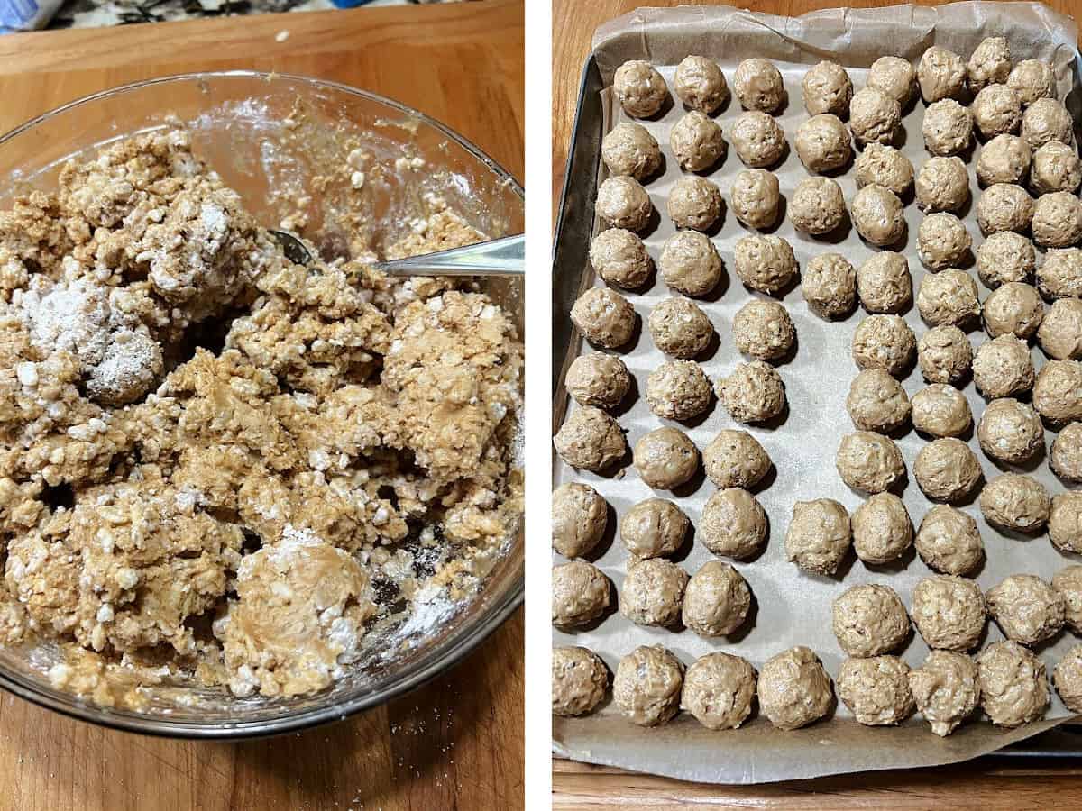 mixing the peanut butter mixture and forming into balls.