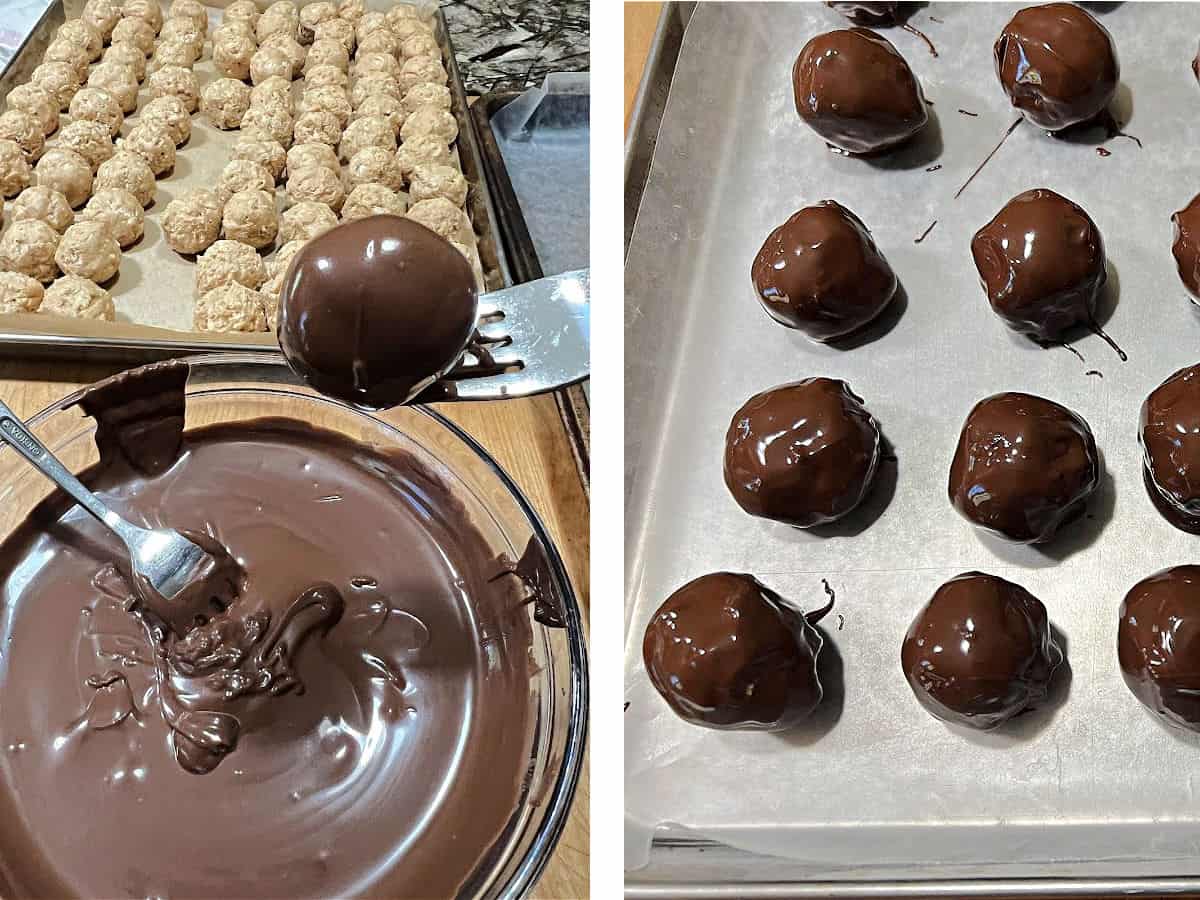 coating the peanut butter balls in melted chocolate.