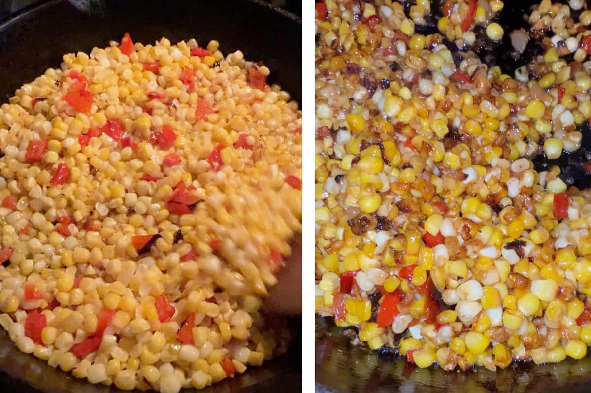 cooking the corn and red pepper in a cast iron skillet until golden brown.
