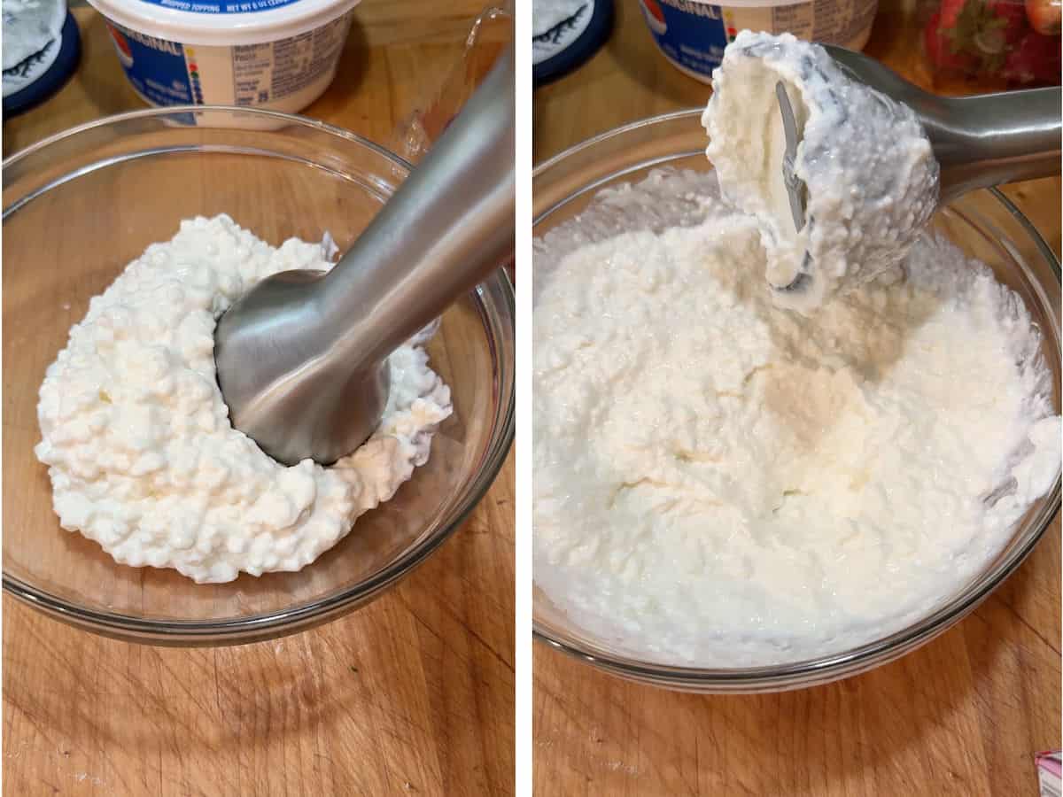 blending the cottage cheese to smooth out the curds.
