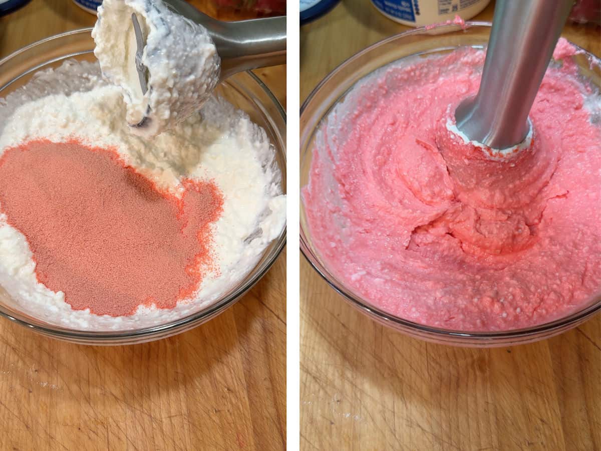 adding the dry jello tot eh blended cottage cheese.