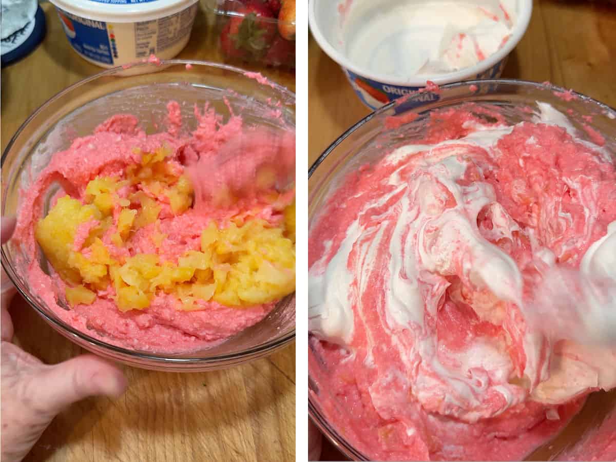 adding int he pineapple and Cool Whip.