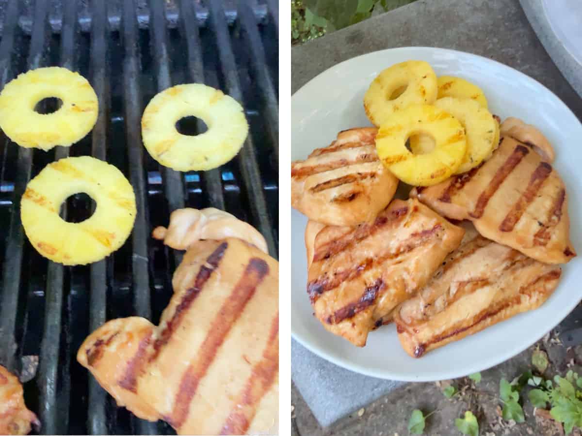 grilling the chicken and pineapple.