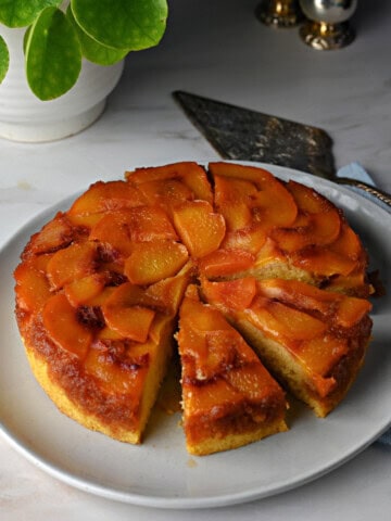 peach upside down cake ready to serve.