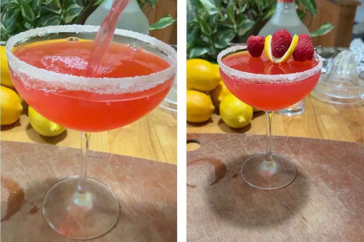 pouring the finished mixture into the martini glass and adding a garnish.