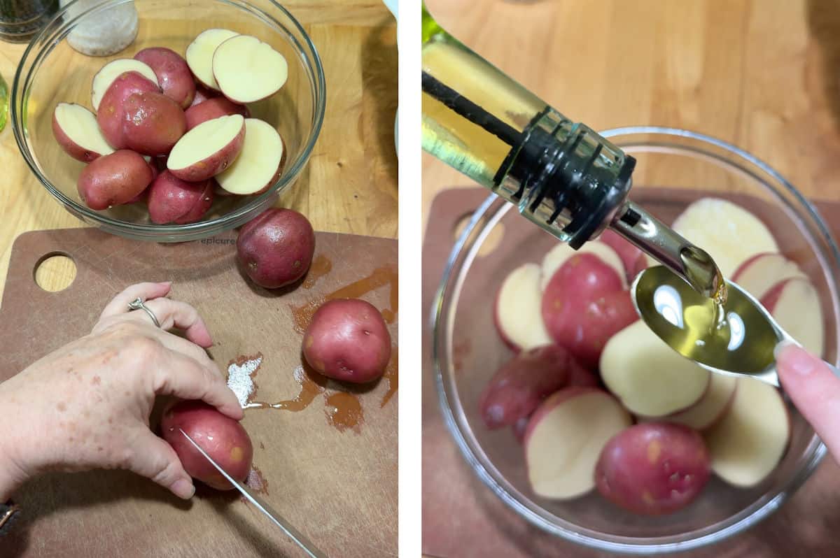 cutting the potatoes and adding oil.