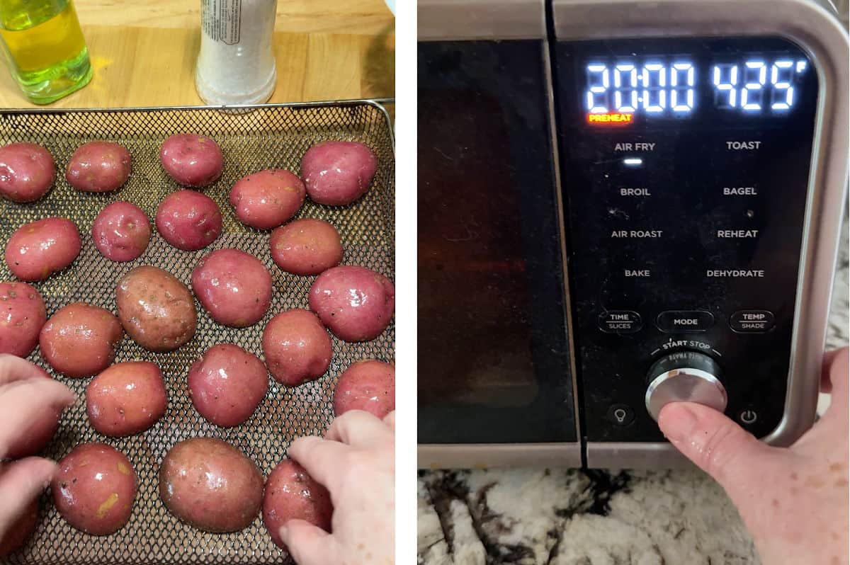 arranging the potatoes in the basket and setting the air fryer cycle.