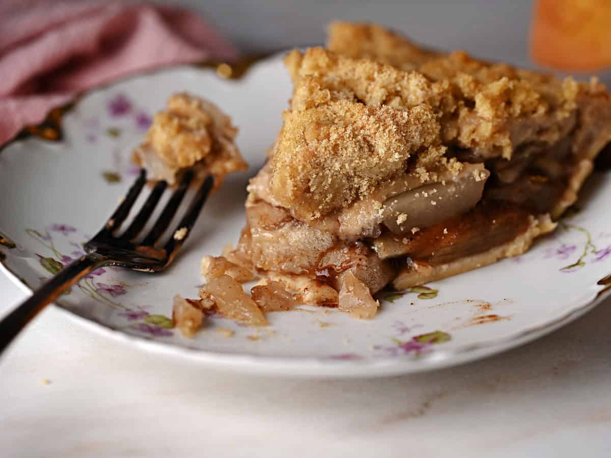 a slice of apple pie with a fork full on the side.