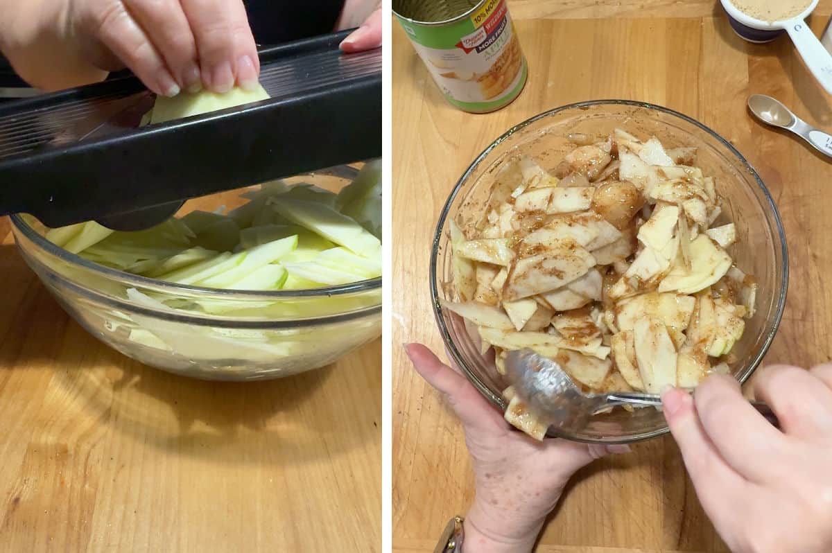 slicing the apples and mixing with other filling ingredients.