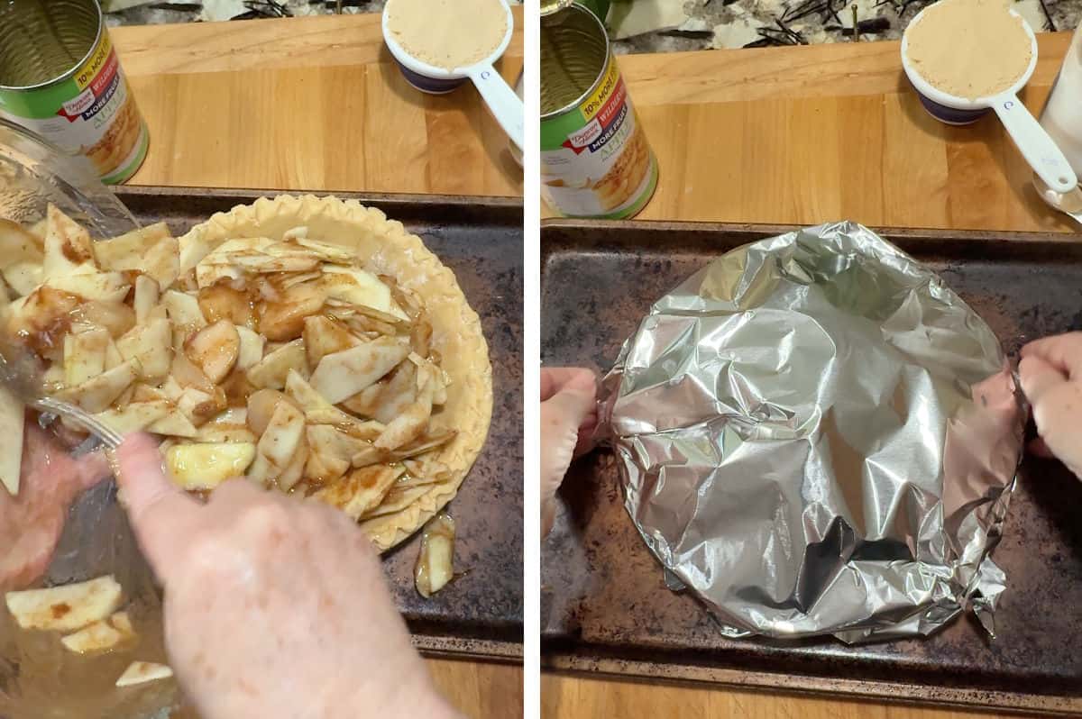 transferring the filling to the crust and covering with foil.