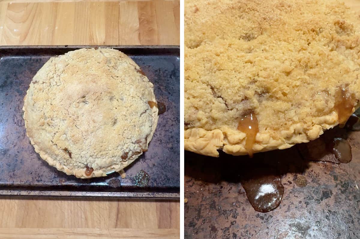 removing baked pie still on the baking sheet and showing bubbled over area.