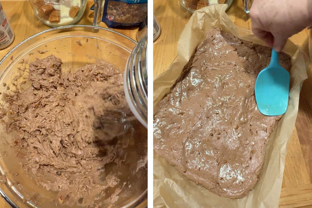 mixing the dough and pressing it into the pan.