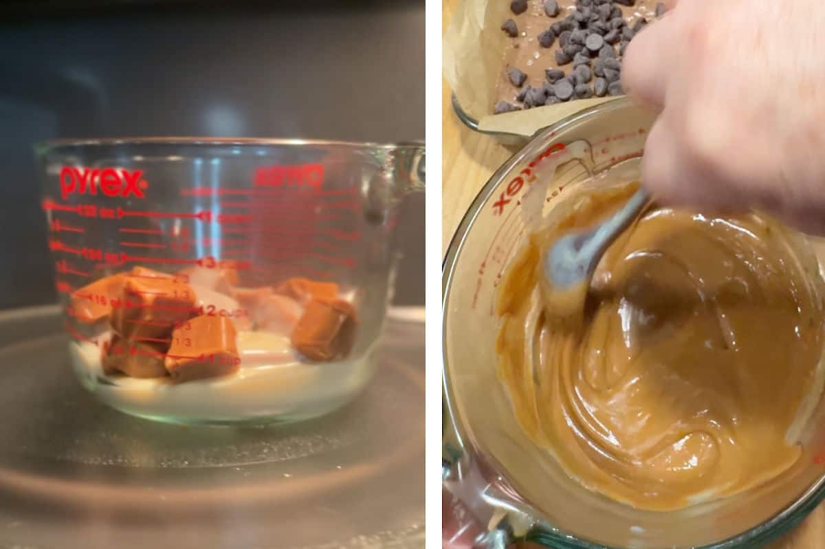 melting the caramels with milk to make a sauce.