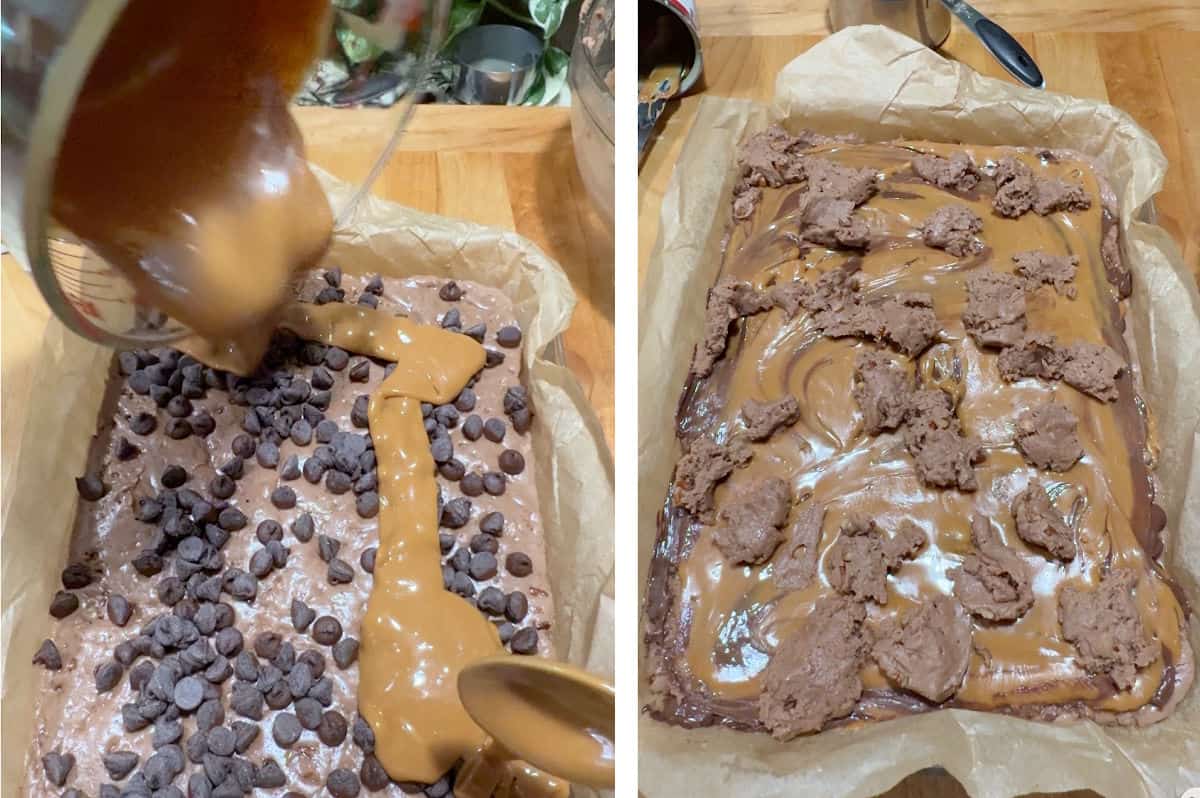 adding the caramel and other layers to the partially baked dough.