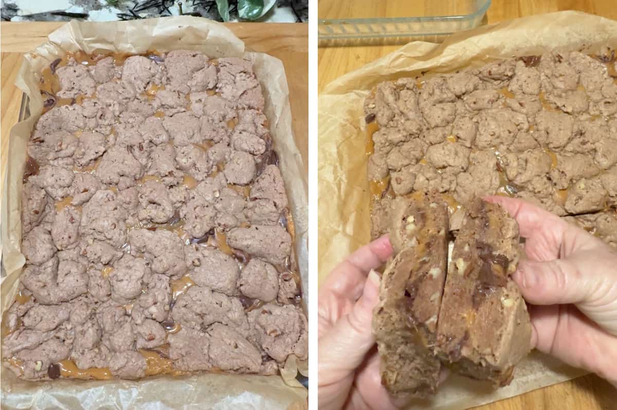 showing the pan of fully baked brownies as well as a shot of starting to cut.