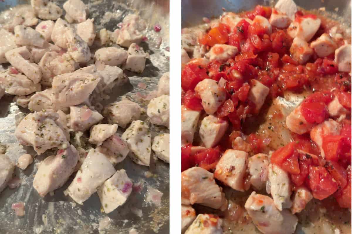 cooking the chicken and adding tomatoes.