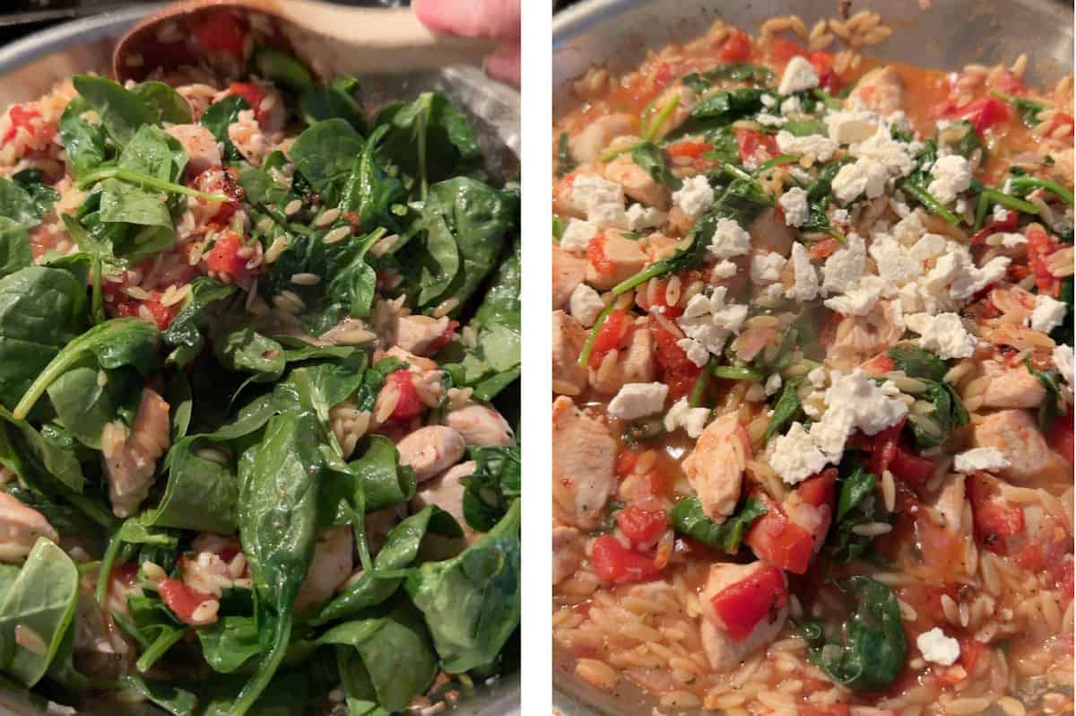 adding spinach and feta.