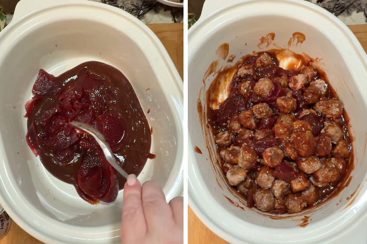 adding the 2 ingredients for sauce plus the meatballs to the slow cooker.