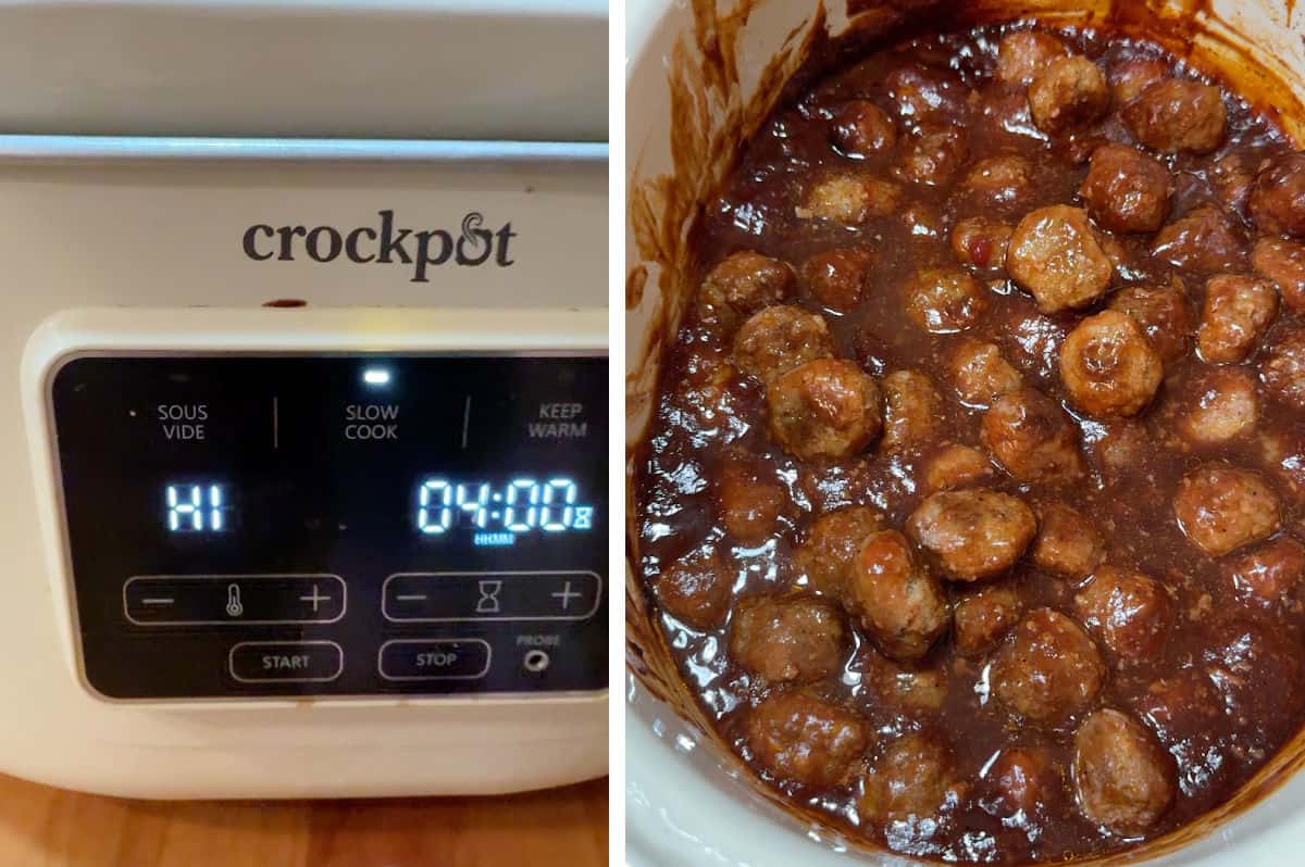 using the slow cooker to warm the meatballs and sauce until hot and bubbly.