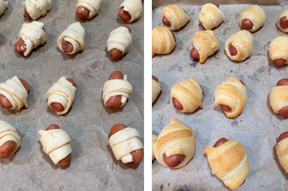 arranging the wrapped sausages on a baking sheet, and after the time in the oven.