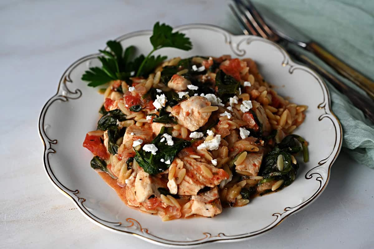 a plate of chicken and orzo pasta.
