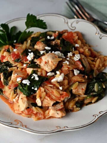 a plate of chicken orzo pasta.
