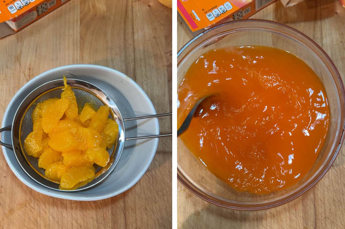 draining the oranges and dissolving the jello.