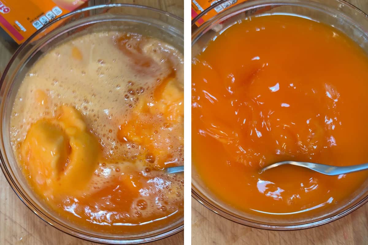 adding in the sherbet to the dissolved jello solution.