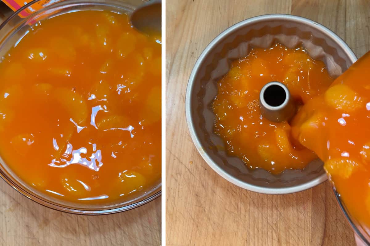 adding oranges and transferring to a mold.