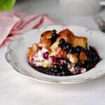 blueberry french toast bake with blueberry sauce.