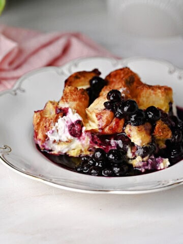 blueberry french toast bake with blueberry sauce.