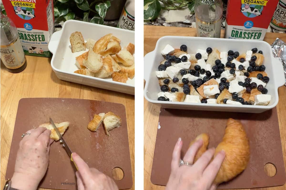 cutting up croissants and layering in the prepared pan.