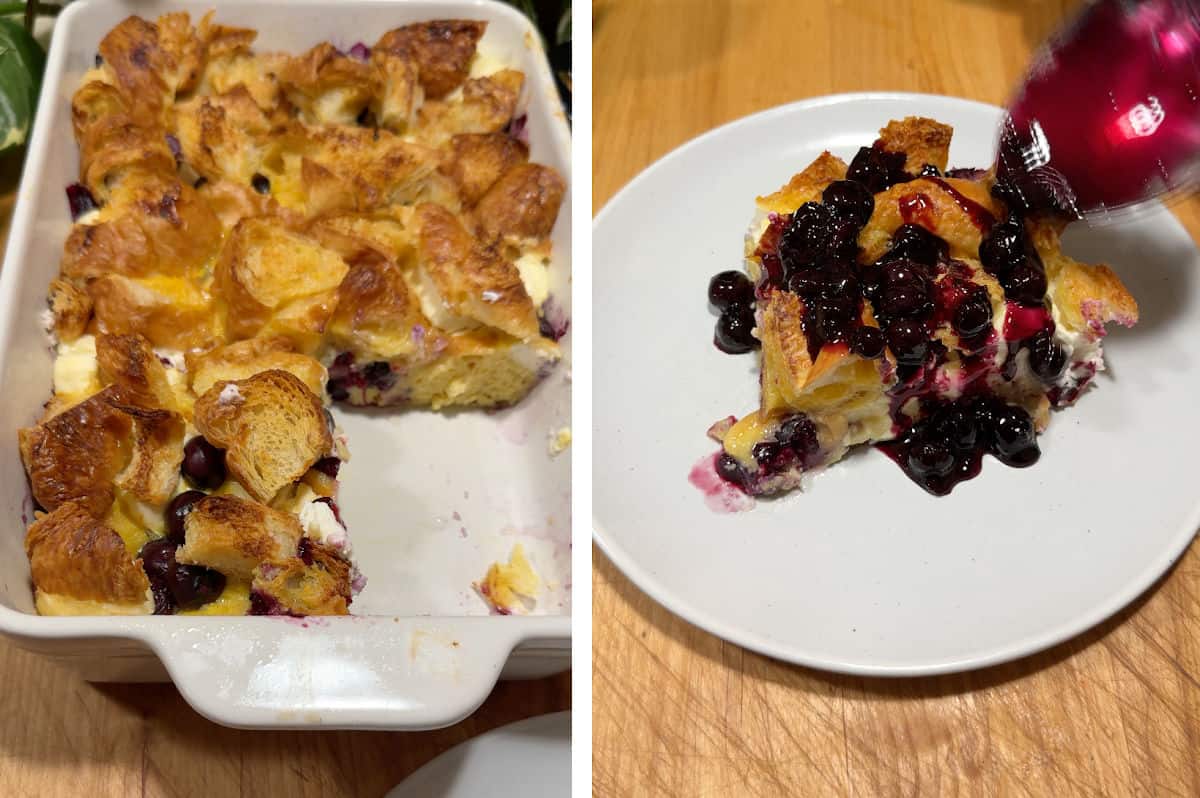 serving the casserole with blueberry sauce.