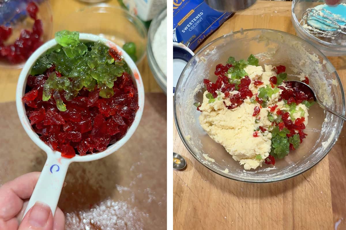 chopping the cherries and mixing the dough.