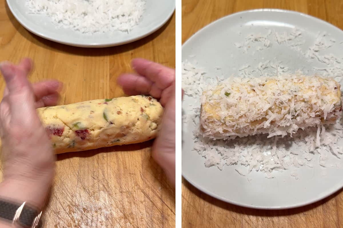 shaping the dough and rolling in coconut.