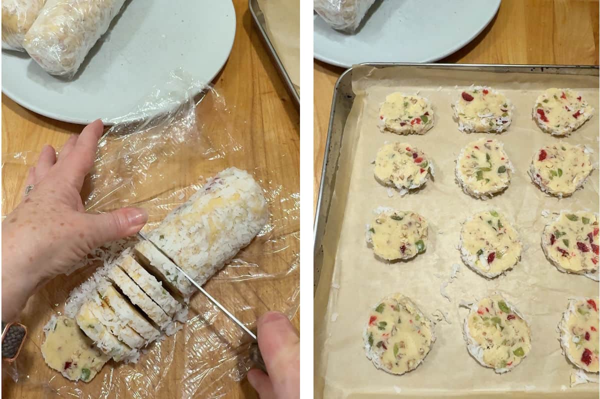 slicing the log into cookies and placing on a baking sheet.