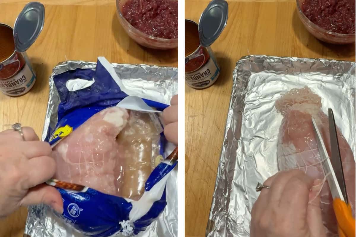 removing the turkey breast from its packaging.