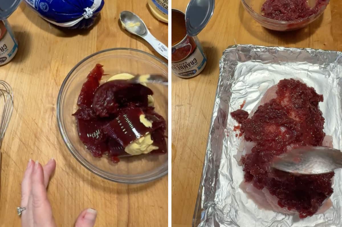 mixing the glaze and pouring half over the meat.