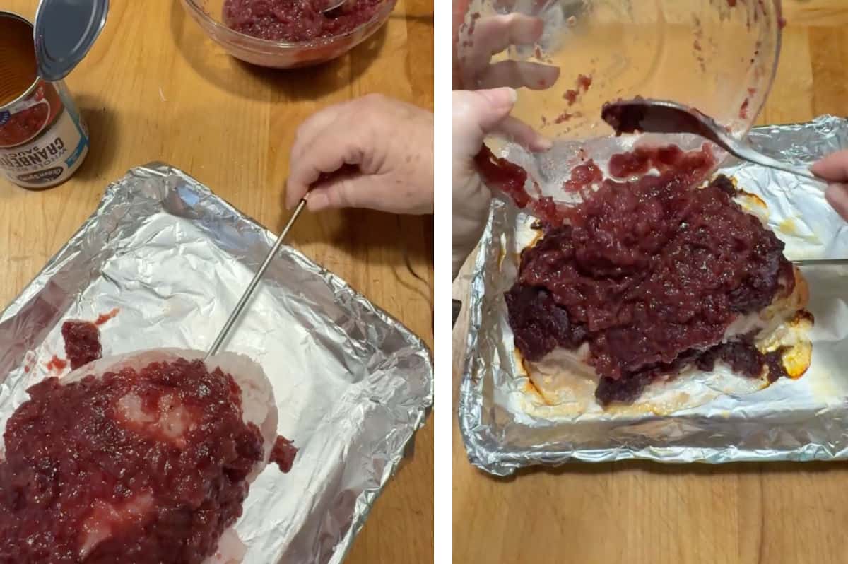 inserting the temperature probe and adding the rest of the glaze.