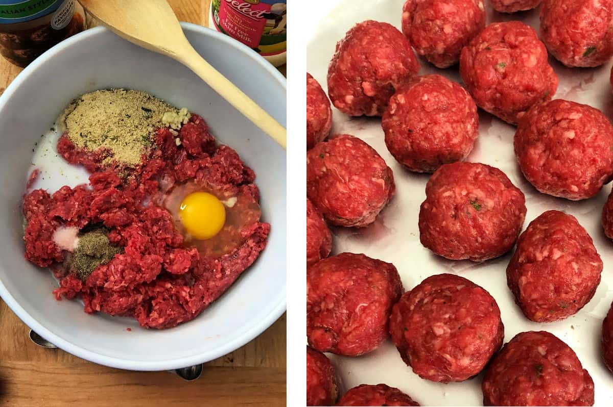 mixing the ingredients and placing the raw meatballs on a baking sheet.