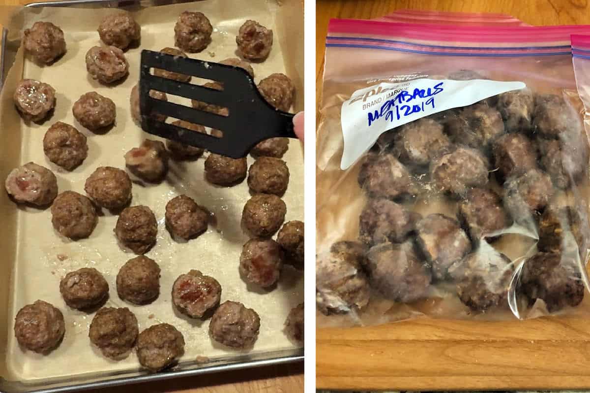 transferring cooked meatballs to a fresh sheet and showing them in zip-top bags.