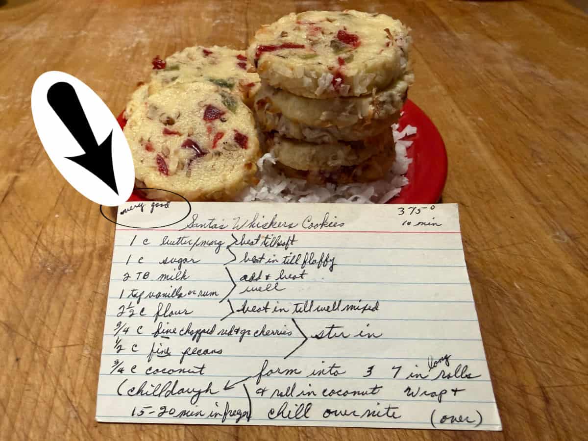 stack of cookies with the original recipe card.